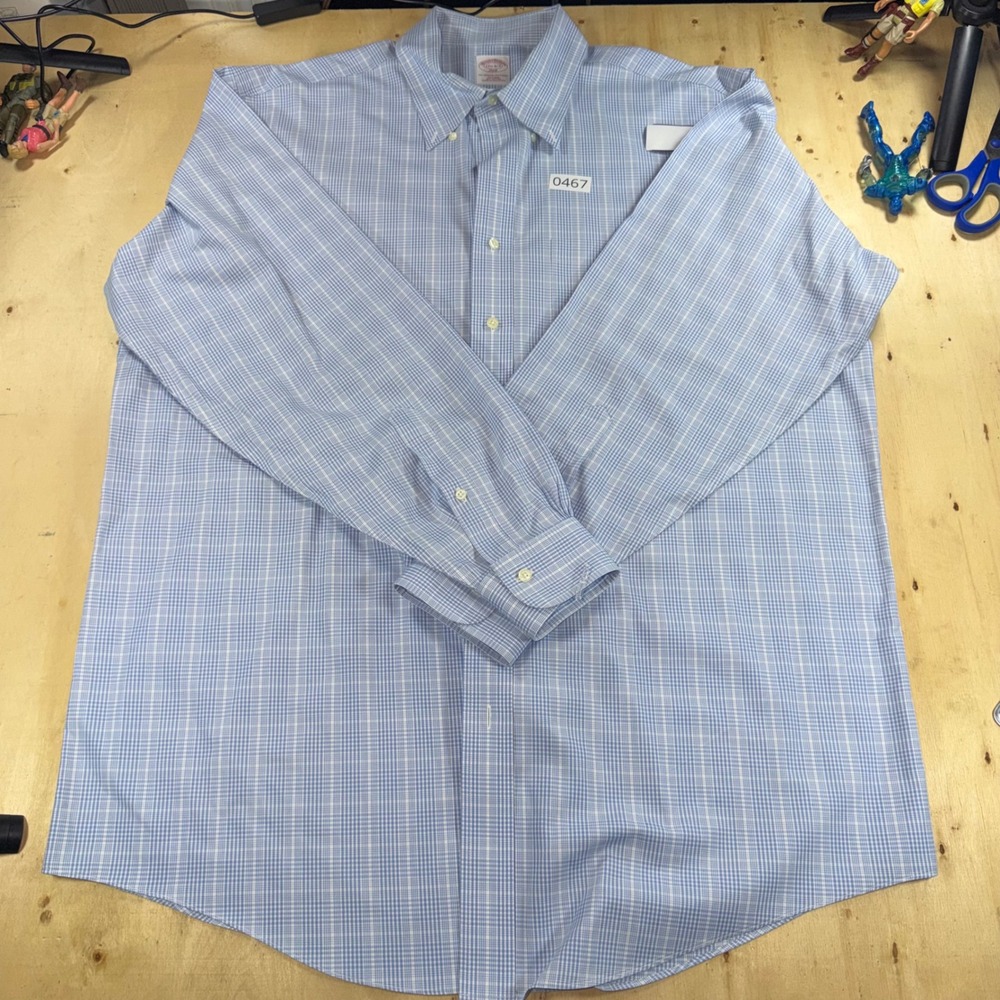 Brooks Brothers 346 Men's Dress Shirt 17.5 36/37 Blue Check Non Iron Cotton
